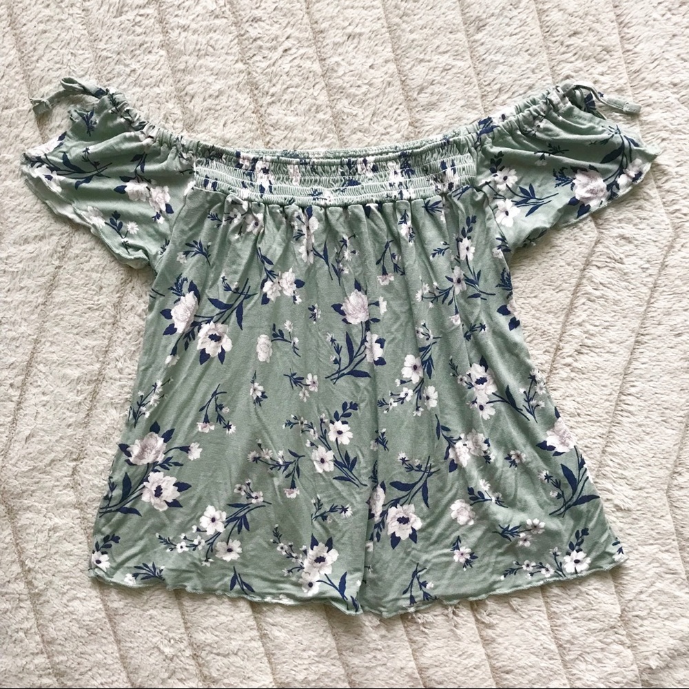 American Eagle Off the Shoulder Green Floral Top